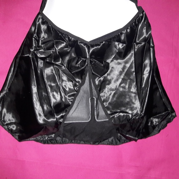 Black Satin Lace Halter Babydoll Chemise Panty Set - Picture 5 of 7